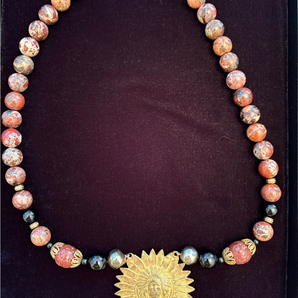 Vintage necklace of Jasper, Black Onyx & glass beads with emblem of Greenduck Co